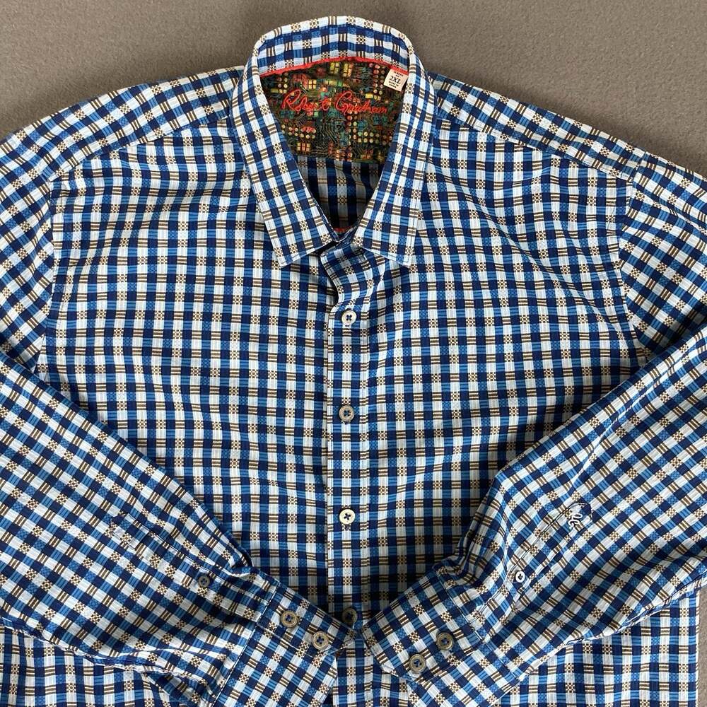 Robert Graham Dress Shirt Men's 2XL Blue Gingham Check Flip Cuff Long Sleeve